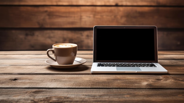 Caffe' e laptop su un tavolo di legno.