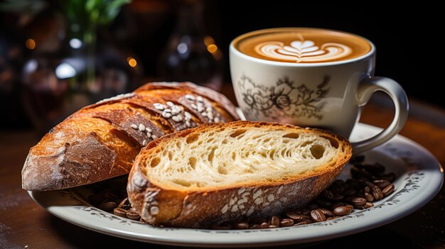 caffè espresso caldo con una fetta di pane su un tavolo da caffè