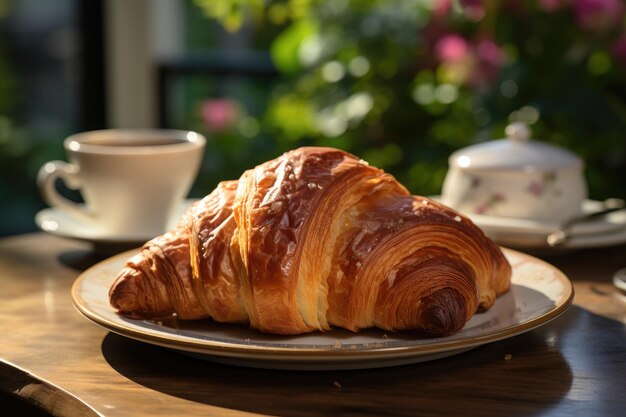 Caffè espresso e croissant in tavolo da caffè generativo IA