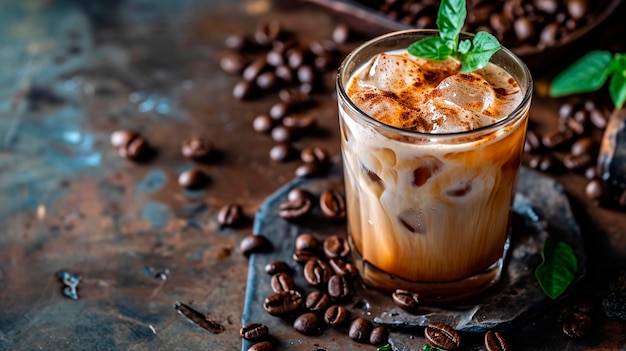 caffè freddo con latte in un bicchiere Focalizzazione selettiva