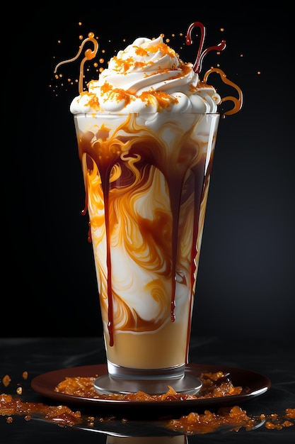 Caffè freddo con panna montata e caramello in vetro su sfondo nero