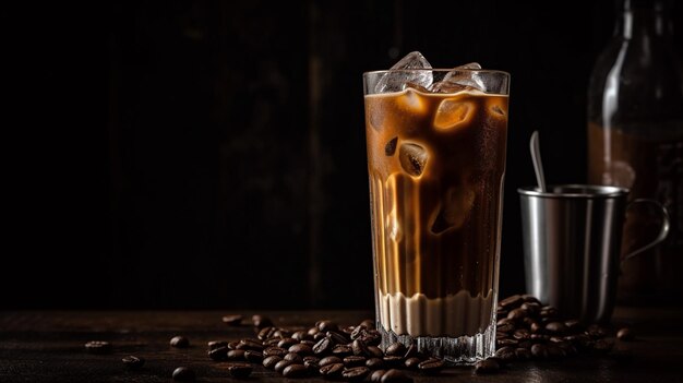 Caffè freddo in un bicchiere alto con panna versata su cubetti di ghiaccio e fagioli IA generativa