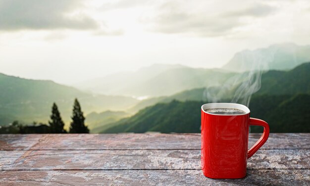 caffè fresco o espresso in una tazza rossa e una tazza di caffè caffè caldo in una tazzina posizionato sul tavolo o sul balcone di legno vista mattutina sulla montagna luce del sole mattutina rendering 3D