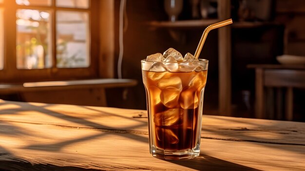 Caffe' ghiacciato in un bicchiere con cubetti di ghiaccio su un tavolo di legno