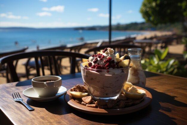 Caffè in riva al mare con una ciotola di acai fresca e aroma di sale e mare generativo IA