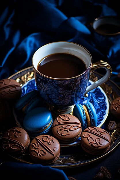 Caffe' in tazza blu con biscotti d'avena.