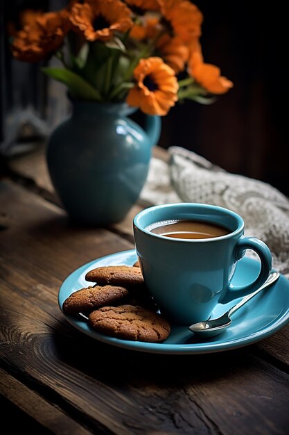 Caffe' in tazza blu con biscotti d'avena.