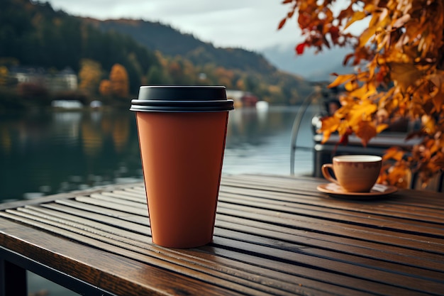 Caffè in tazza di carta natura sullo sfondo sorso di calore in mezzo