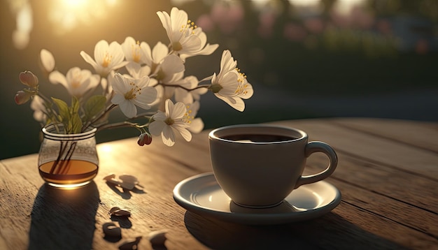 Caffè in tazza su tavolo di legno con fiori nella stagione primaverile calma e rilassa caffè IA generativa