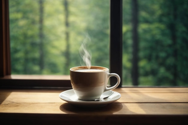 Caffè in una tazza bianca in un ristorante con vista dalla finestra