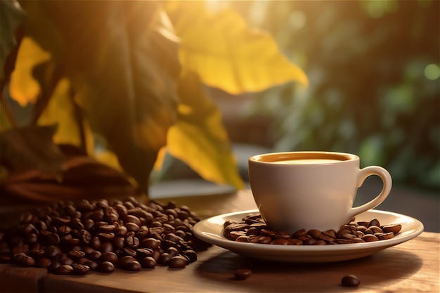 Caffe' in una tazza con i chicchi di caffè intorno alla foto dell'espresso