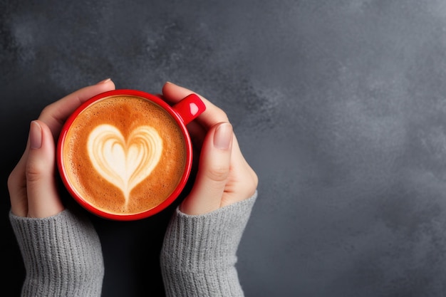 Caffè latte con schiuma come cuore in mani femminili su sfondo grigio vista di San Valentino dall'alto