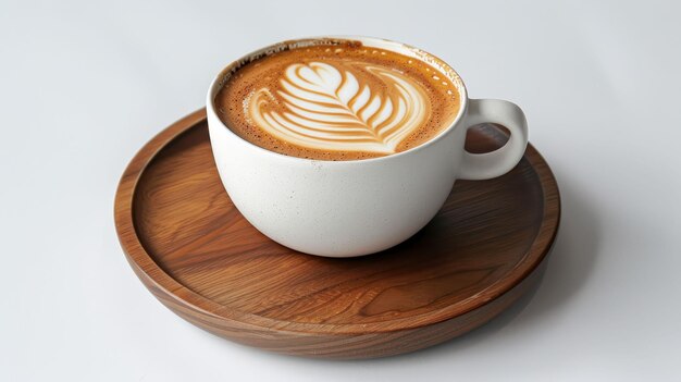 Caffè latte espresso caldo con arte latte in tazza di ceramica bianca su piatto di legno su sfondo bianco piatto
