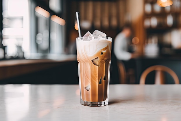 Caffè latte ghiacciato con un bicchierino extra di espresso sul lato creato con l'IA generativa