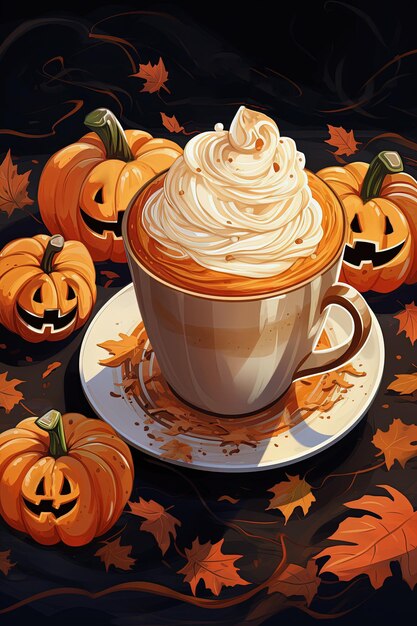 Caffè latte speziato alla zucca di Halloween con condimenti bevanda calda della stagione autunnale