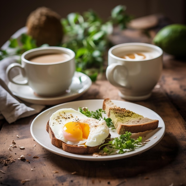 Caffè mattutino accogliente e colazione sana con toast di avocado con uova sode