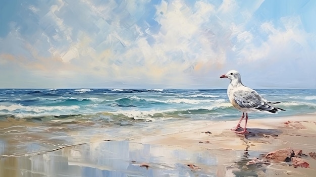 caffè mattutino dal mare acqua blu e cielo gabbiano e donna paesaggio marino impressionismo arte