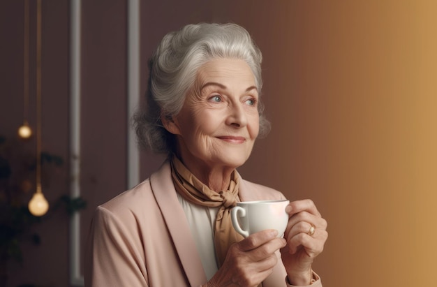 Caffè mattutino felice della donna senior Equilibrio bevanda aromatica Genera Ai