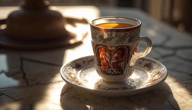 Caffè mattutino in tazza moderna su tavolo di marmo con fiori alla luce del sole della stagione primaverile IA generativa
