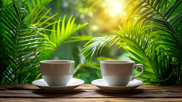 Caffè mattutino per due in mezzo al verde tropicale con la fiamma del sole