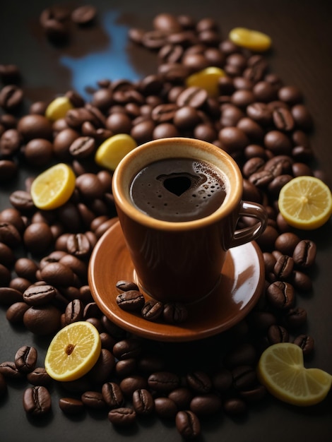 Caffè nero in una tazza sullo sfondo di chicchi di caffè in una composizione con accessori