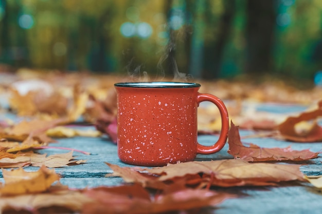 Caffè o tè autunnale in una tazza su un tavolo di legno sullo sfondo di foglie cadute gialle e...