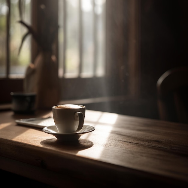 Caffè sulla tavola di legno con luce naturale