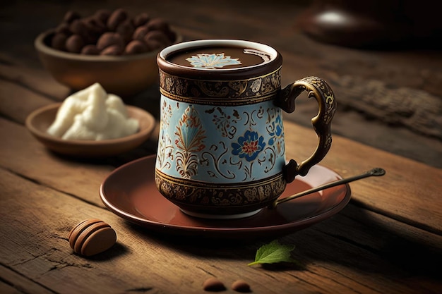 Caffè turco servito in una tazza su un tavolo di legno