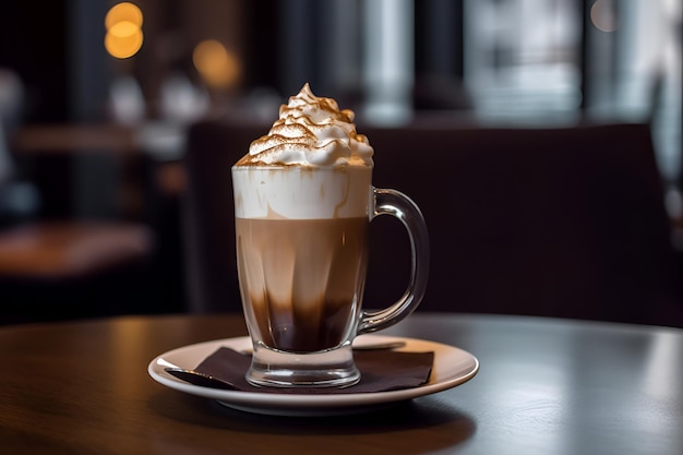 Caffè viennese caldo con panna montata nella caffetteria Primo piano IA generativa