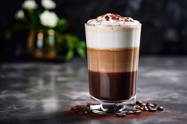 Caffee latte stratificato con panna montata su pietra grigia