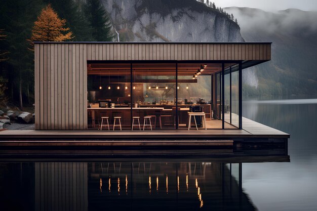 caffetteria vicino al lago minimalista in legno sopra la testa