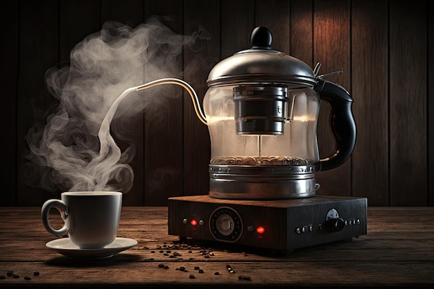 Caffettiera geyser con tazza di caffè piena di vapore sul tavolo di legno