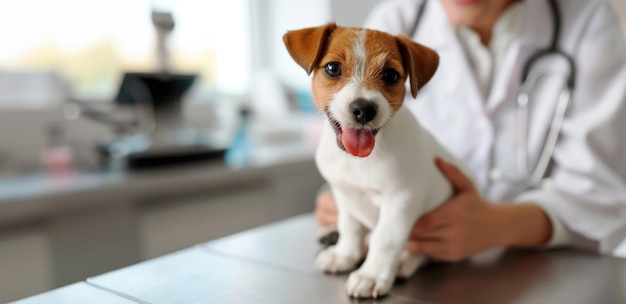 Cagnolino carino con intelligenza artificiale generativa esaminato da un veterinario professionista in clinica veterinaria