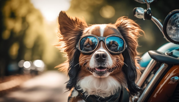 cagnolino realistico e gioioso con sfondo di occhiali per l'avventura in bici generativa ai