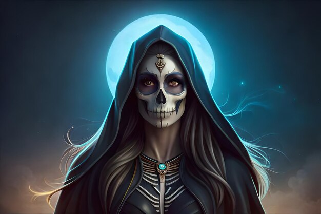 Calavera Catrina che tiene un cranio sopra il buio spaventoso