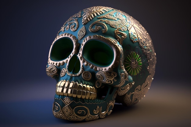 Calavera di cranio verde con ornamento dorato Illustrazione generativa di AI