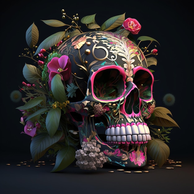 Calavera messicana circondata da poetici fiori ornamentali su sfondo nero