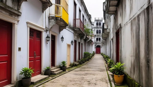 Calcada do Carmo, vicolo in stile coloniale portoghese nella vecchia zona di Taipei di Macao, Cina