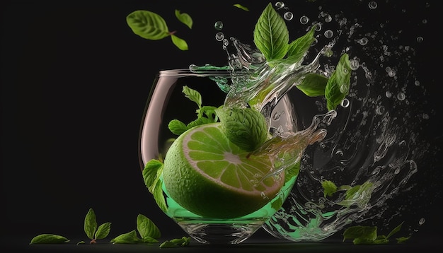 Calce un bicchiere d'acqua alla menta mojito che spruzza intelligenza artificiale generata