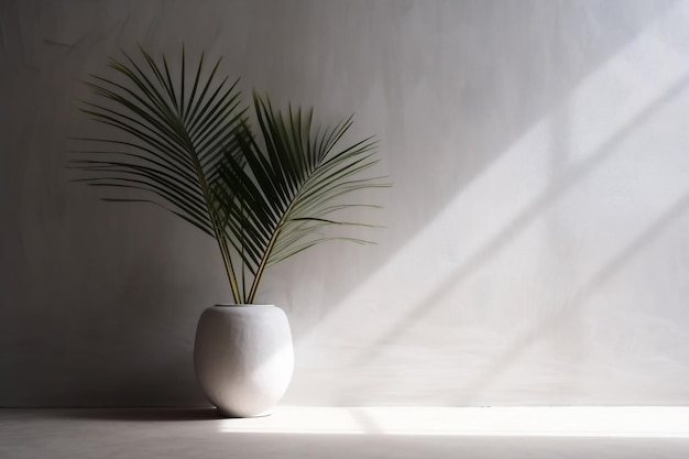 Calcestruzzo luce solare parete albero arredamento interno vuoto design casa ombre vaso palma AI generativa