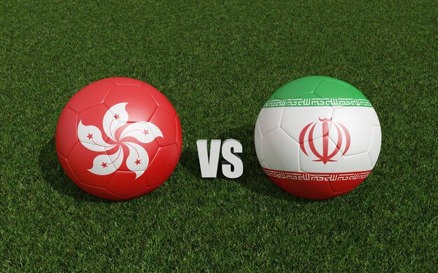 Calci di calcio nei colori delle bandiere sull'erba Hong Kong con l'Iran 2023 torneo di coppa asiatica rendering 3d