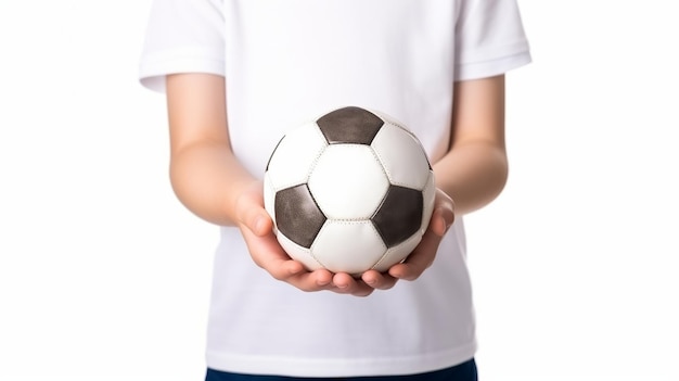 Calciatore bambino Bambino con un pallone da calcio in mano su sfondo bianco Ia generativa