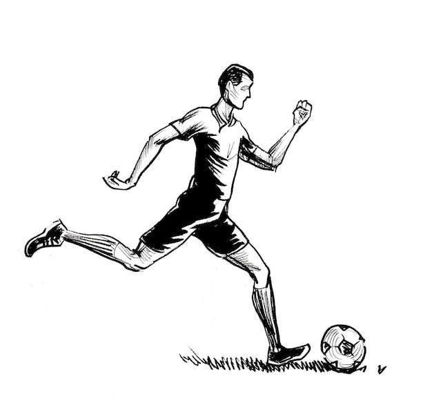 Calciatore che dà dei calci al pallone Disegno in bianco e nero con inchiostro