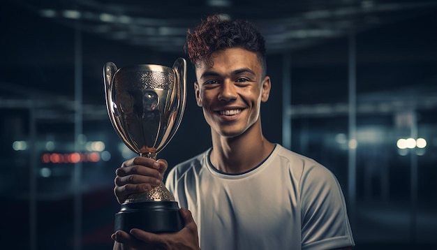 Calciatore che tiene il trofeo sulla piattaforma