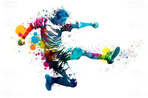 Calciatore di calcio in azione con acquerello rrainbow splash isolato sfondo bianco Arte generata dalla rete neurale