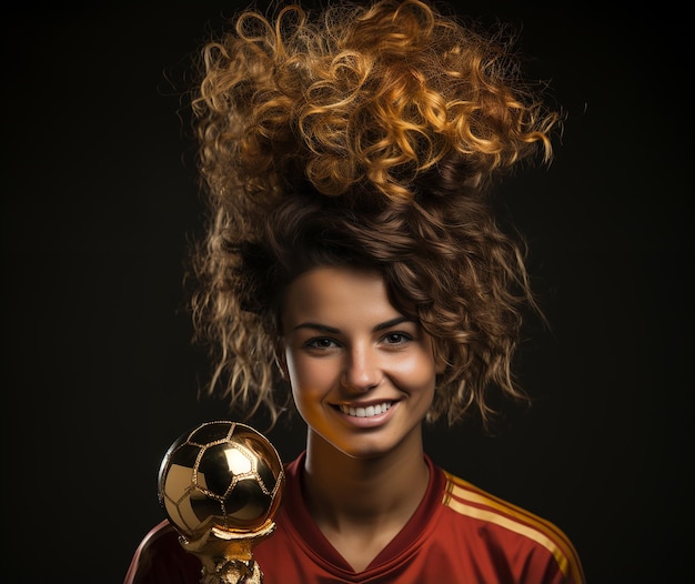 Calciatore spagnolo femminile con il trofeo della Coppa del mondo