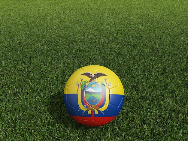 Calcio in bandiera dell'Ecuador su erba verde rendering 3d