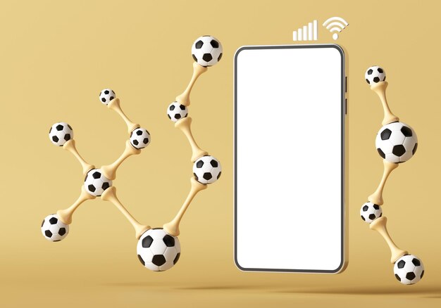 Calcio online in diretta. mockup di smartphone con schermo bianco. canale di trasmissione sportiva. oggetto pallone da calcio. concetto di design del torneo. torneo online di calcio sportivo. copia spazio. illustrazione 3d.