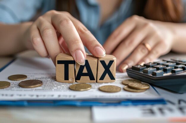 Calcolatrice fiscale Imprenditrice che utilizza una calcolatrice e un cubo con la parola TAX Tax e il concetto di IVA