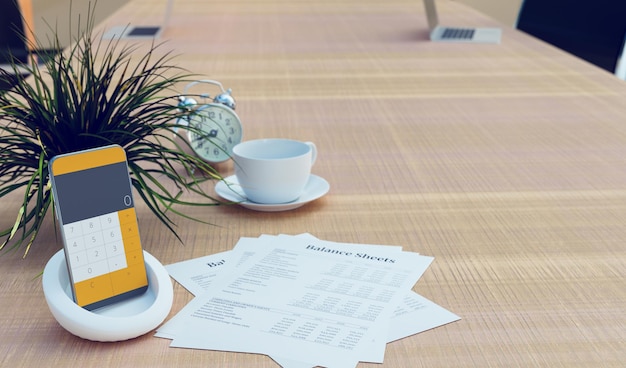 Calcolatrice per smartphone con bilancio sul tavolo di lavoro, rendering di illustrazioni 3D